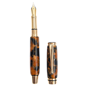 Carbon Caramel handcrafted resin fountain pen made by Wig and Pens. Swirls of brown, orange, black and hints of gold throughout the body of the pen with gold pen clip, tip and hardware. Also available as a ball point pen. Image of pen with lid off.