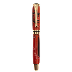 Crimson Flame handcrafted resin fountain pen made by Wig and Pens. red, white, black and hints of orange throughout the body of the pen that emulates the swirling colours of a beautiful flame. Adorned with a gold pen clip, tip and hardware. Also available as a ball point pen. Image of pen with lid on.