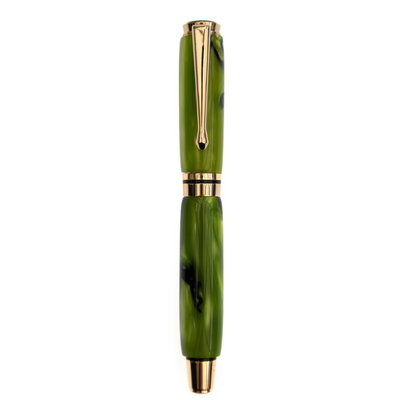 Lime Zest handcrafted resin fountain pen made by Wig and Pens. Swirls of swirls of dark green, light green, black and hints of gold throughout the body of the pen with gold pen clip, tip and hardware. Also available as a ball point pen. Image of pen with lid on.