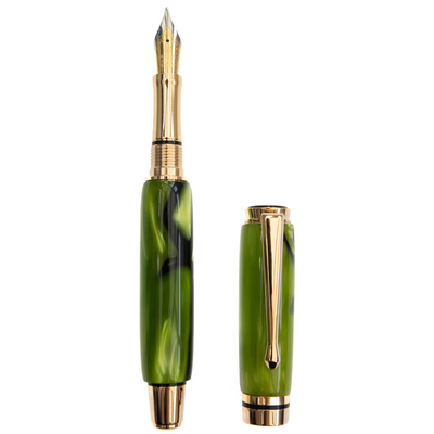 Lime Zest handcrafted resin fountain pen made by Wig and Pens. Swirls of swirls of dark green, light green, black and hints of gold throughout the body of the pen with gold pen clip, tip and hardware. Also available as a ball point pen. Image of pen with lid off.