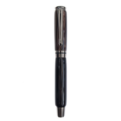 Obsidian Glass handcrafted resin fountain pen made by Wig and Pens. hints of brown, depths of black, flickers of white and an ever-present hint of gold throughout the body of the pen with gunmetal coloured pen clip, tip and hardware. Also available as a ball point pen. Image of pen with lid on.