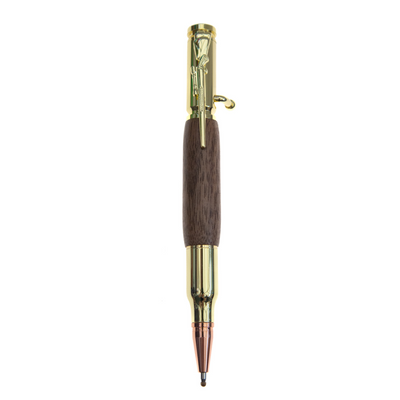 Handcrafted wood and 30 caliber bullet pen by Wig and Pens. An image of the full pen made from a replica bullet with a wood insert to the body of the pen, a gold bolt action chamber and rifle pen clip.