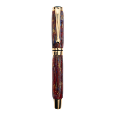 Viva Carnival hand poured Resin Pen made from real Diamond Dust. In beautiful reds, yellows and blues. Made by Wig and Pens, in South Wales, UK.  Image of the pen with the lid on.